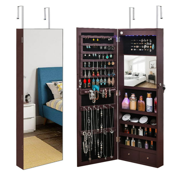 Wall Hang Jewelry Cabinet Armoire Whole Body Mirror W/ Storage Shelves 2 Drawers